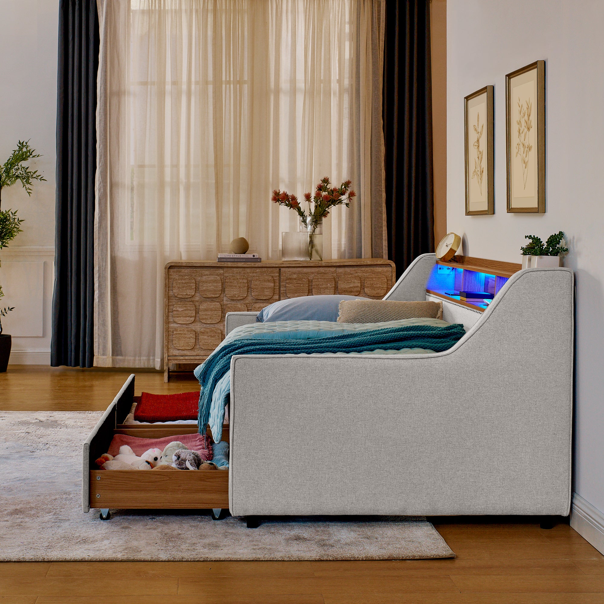 Beige Linen Upholstered Twin Sofa Bed with LED Lights, Wireless Charging, Adjustable Headboard Storage & Foldable Trundle, 80.5''x46''x34'' - Grand Goldman Shop