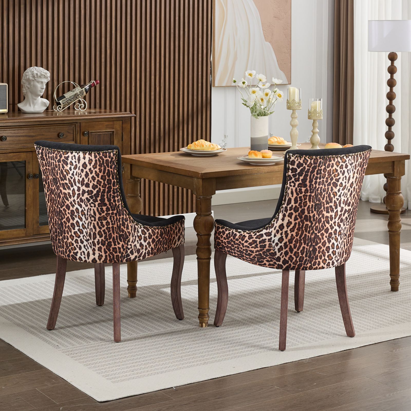 A&A Furniture,Ultra Side Dining Chair, Thickened fabric chairs with neutrally toned solid wood legs, Bronze nail head, Set of 2,Leopard Print - Grand Goldman Shop