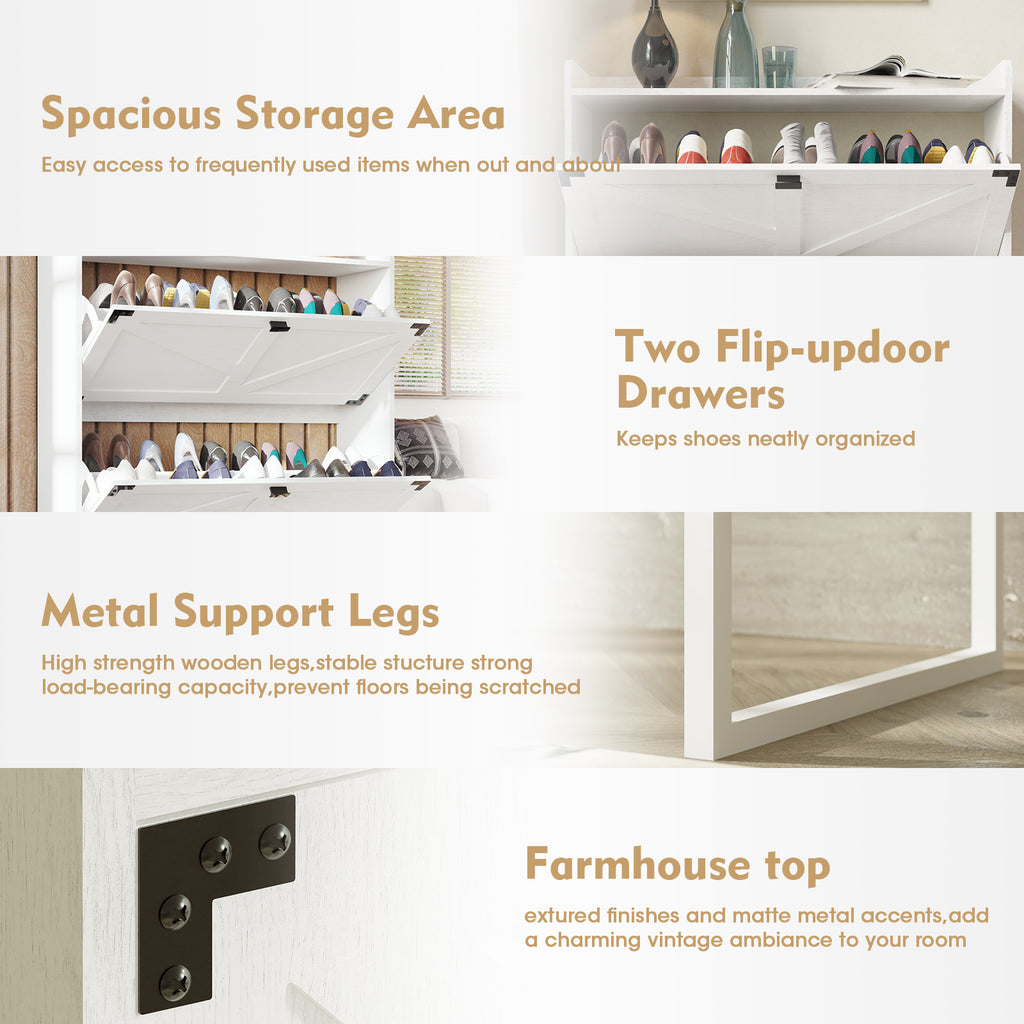 Shoe Cabinet with 2 Flip Drawers,Shoe Storage Cabinet for Entryway,Freestanding Shoe Cabinet Organizer with Open Storage,Narrow Farmhouse Shoe Rack with Metal Corner Decoration Legs,White - Grand Goldman Shop