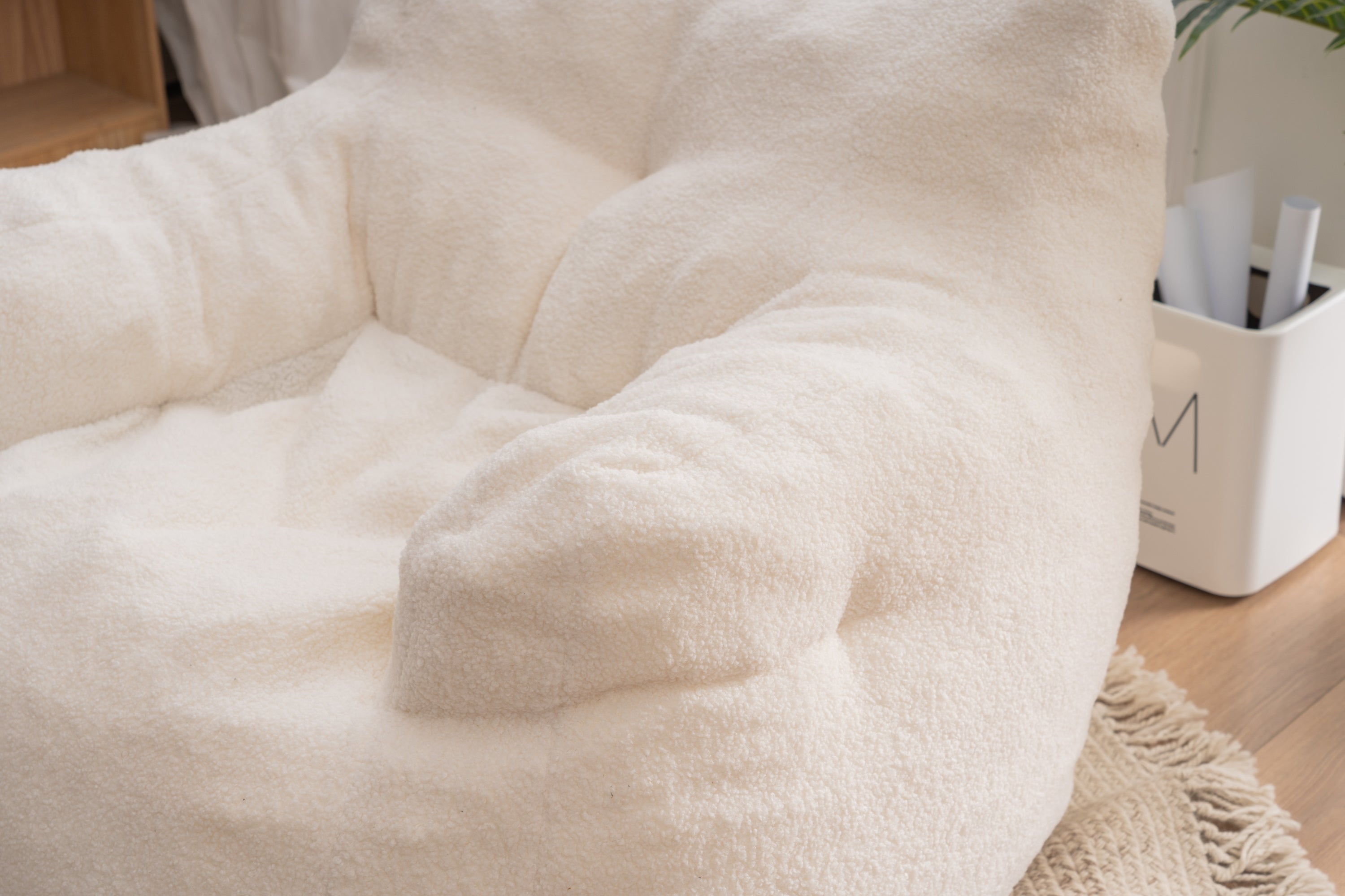 Ivory White Soft Teddy Fabric Tufted Foam Bean Bag Chair with Memory Sponge - Grand Goldman Shop