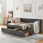 Twin Size Daybed with Drawers Upholstered Tufted Sofa Bed in Dark Grey Linen, Button Back and Copper Nail Trimmed Waved Arms, 81.5''x41''x30.5'' - Grand Goldman Shop