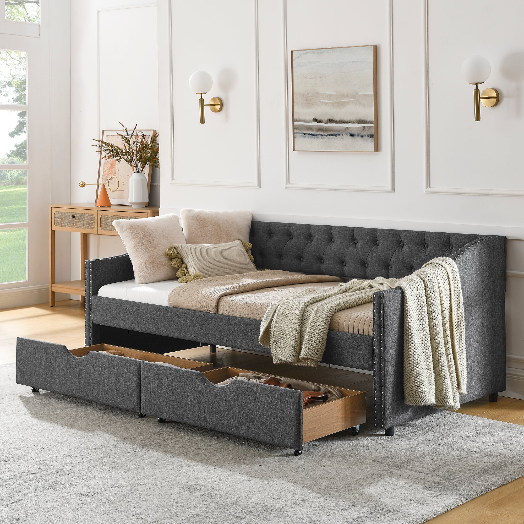 Twin Size Daybed with Drawers Upholstered Tufted Sofa Bed in Dark Grey Linen, Button Back and Copper Nail Trimmed Waved Arms, 81.5''x41''x30.5'' - Grand Goldman Shop