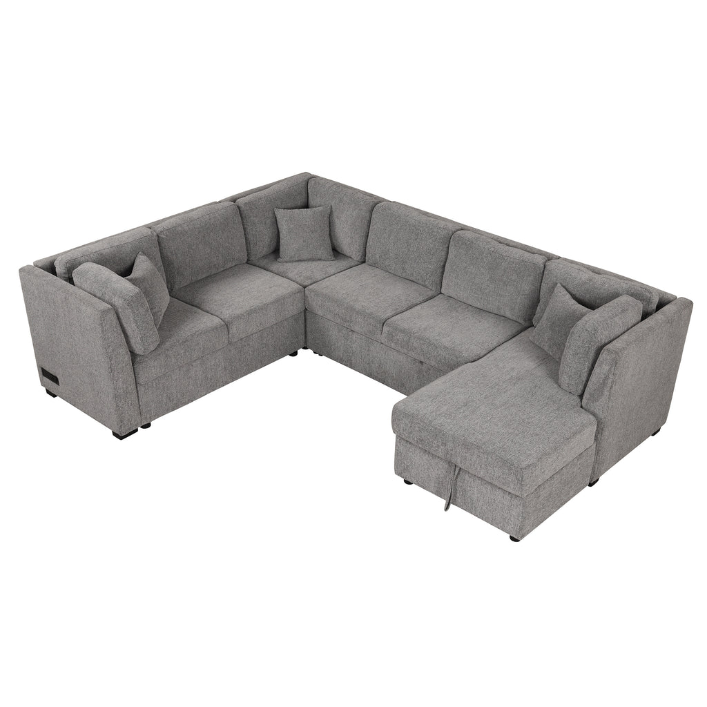 U-shaped Sectional Sofa Pull out Sofa Bed with USB Ports, Power Sockets, Storage Chaise, Light Gray Chenille, 108.6' - Grand Goldman Shop