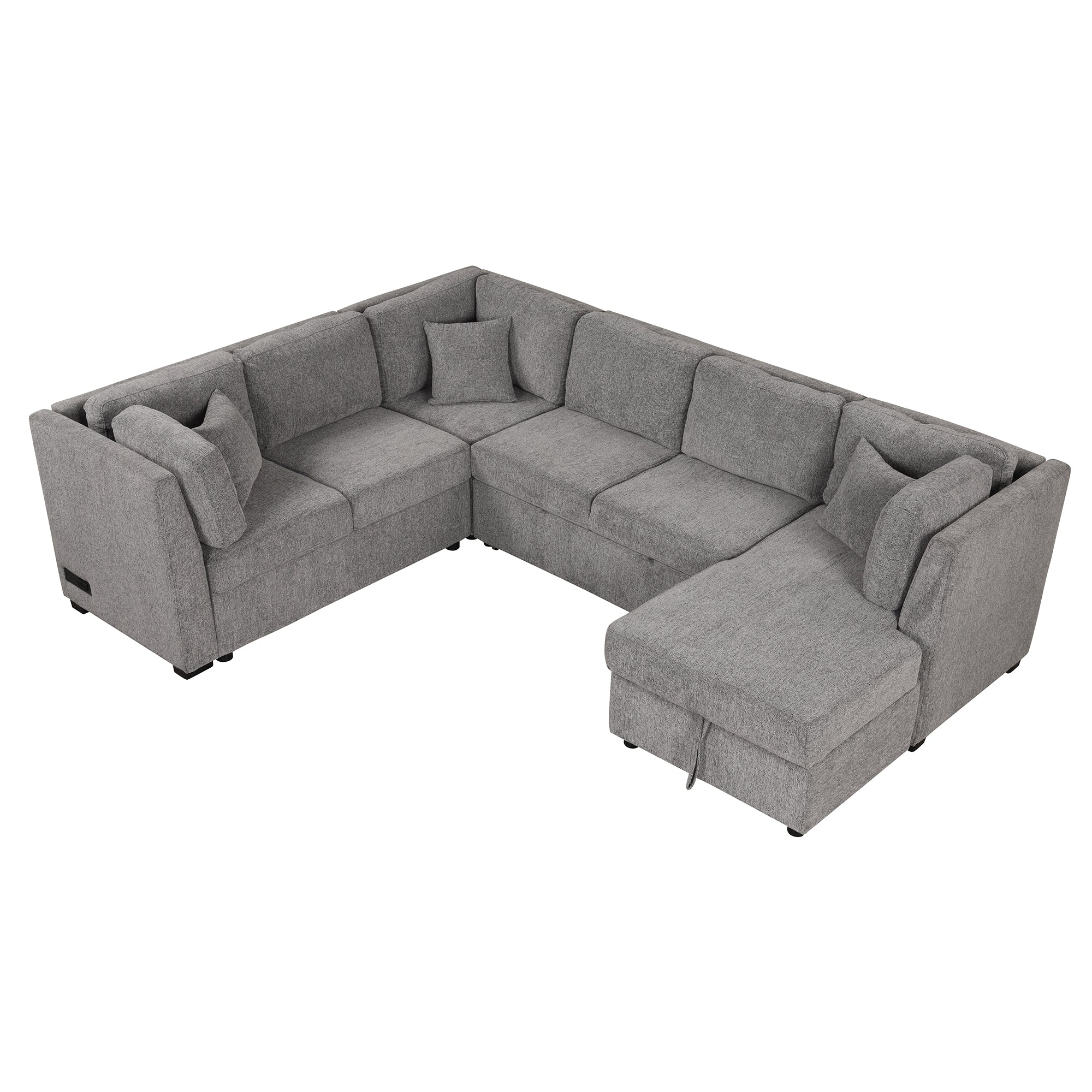U-shaped Sectional Sofa Pull out Sofa Bed with USB Ports, Power Sockets, Storage Chaise, Light Gray Chenille, 108.6' - Grand Goldman Shop