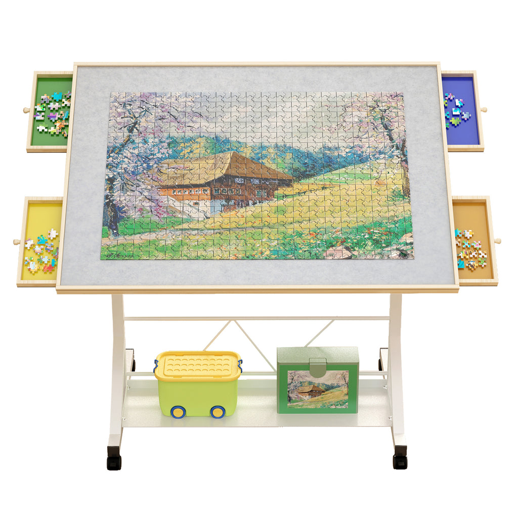 (WHITE) Wooden 1500 Piece Puzzle Table with Drawer, 35'*27.17' Adjustable Puzzle Table, 360° Tilting Puzzle Table with Legs a
