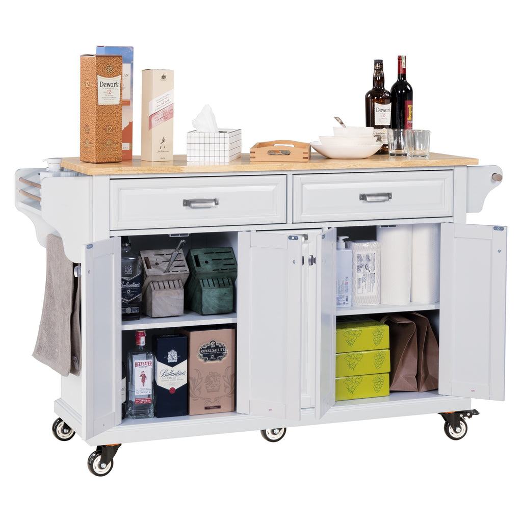 Kitchen Island with Rubber wood Countertop, Kitchen Cart on 5 Wheels with Storage Cabinet and 2 Top Drawers and A center double layered storage drawer for Dinning Room, White - Grand Goldman Shop