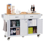 Kitchen Island with Rubber wood Countertop, Kitchen Cart on 5 Wheels with Storage Cabinet and 2 Top Drawers and A center double layered storage drawer for Dinning Room, White - Grand Goldman Shop