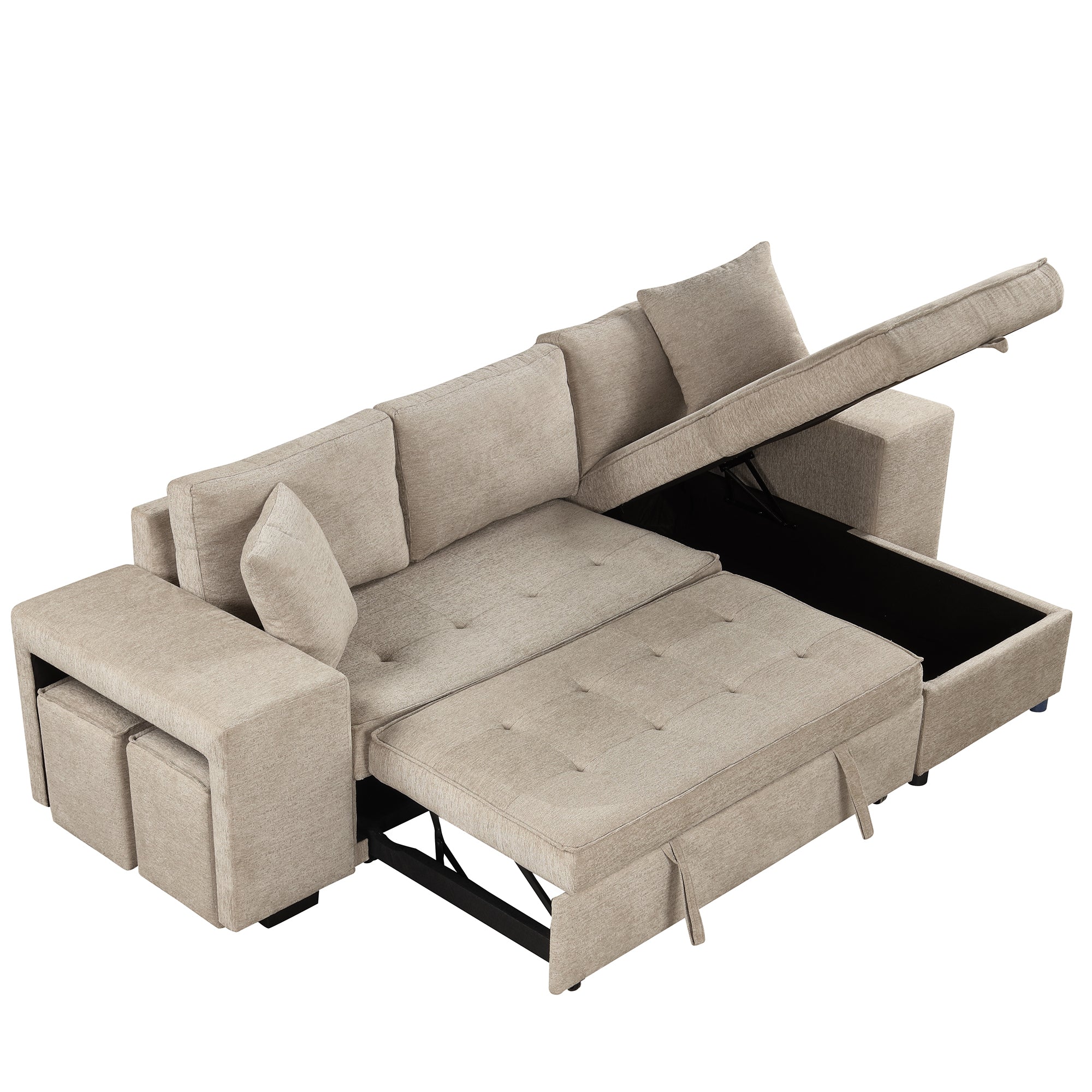 Modern L-Shape 3 Seat Reversible Sectional Couch with Pull Out Sleeper, Storage Chaise & 2 Stools, Cream, Linen Chenille - Grand Goldman Shop