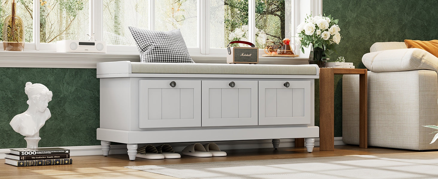 TREXM Classic Shoe Bench with Cushion and Three Drawers, Fluted Entryway Bench with Storage for Living Room, Entryway, and Hallways (Light Gray, OLD SKU: N715P207812E ) - Grand Goldman Shop
