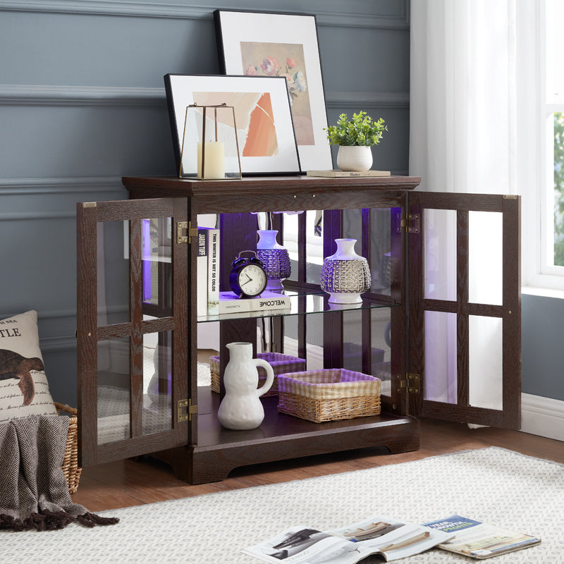 LED Curio Display Cabinet,Antique Display Cabinet with Adjustable Shelves,Retro Design Quality Showcase with Lattice Doors Elegant Bookcase and Storage Cabinet for Home Decor and Organization CHE - Grand Goldman Shop
