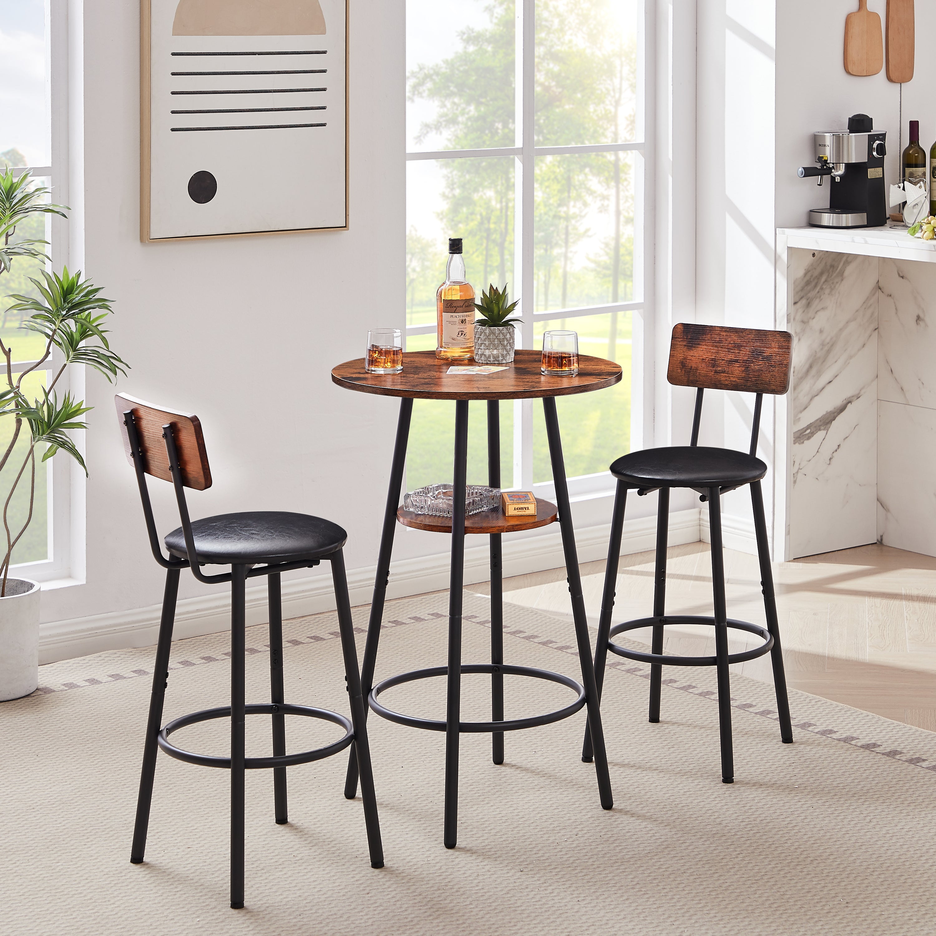 Round bar stool set with shelf, upholstered stool with backrest, Rustic Brown, 23.62'' W x 23.62'' D x 35.43'' H - Grand Goldman Shop