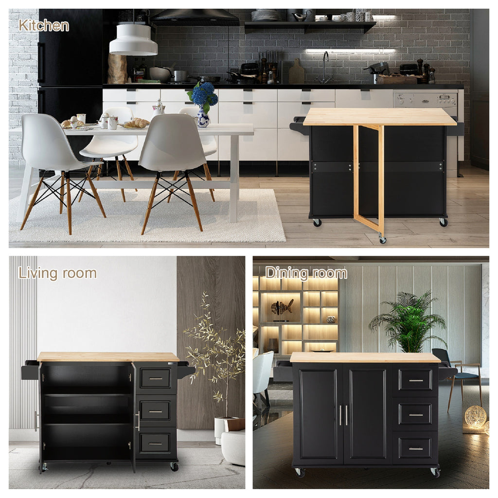 Kitchen Island & Kitchen Cart, Mobile Kitehcn Island with Extensible Rubber Wood Table Top,adjustable Shelf Inside Cabinet for Different Utensils, 3 Big Drawers, with Spice Rack, Towel Rack, Black-Bee - Grand Goldman Shop