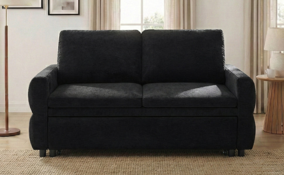 Black Convertible Sofa Bed Loveseat with Adjustable Backrest and USB Ports, 62.75' Chenille Upholstered Couch for Living Room or Small Space - Grand Goldman Shop