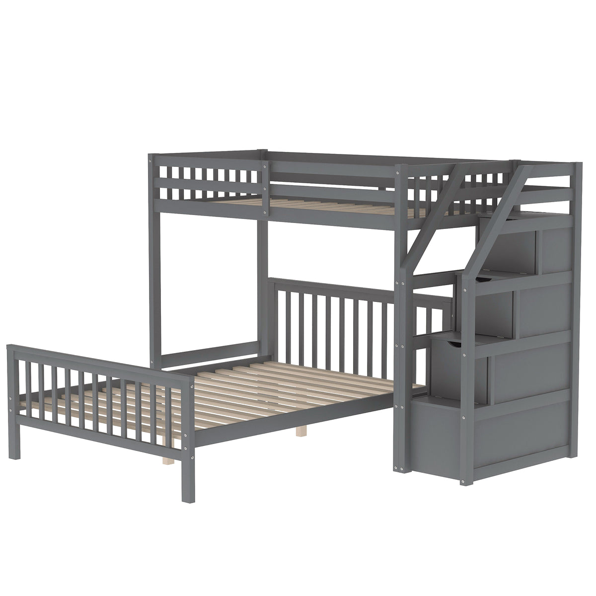 Gray Twin over Full Loft Bed with Staircase and Storage, Pine Wood and MDF, 97.2''L x 78.4''W x 61.4''H - Grand Goldman Shop