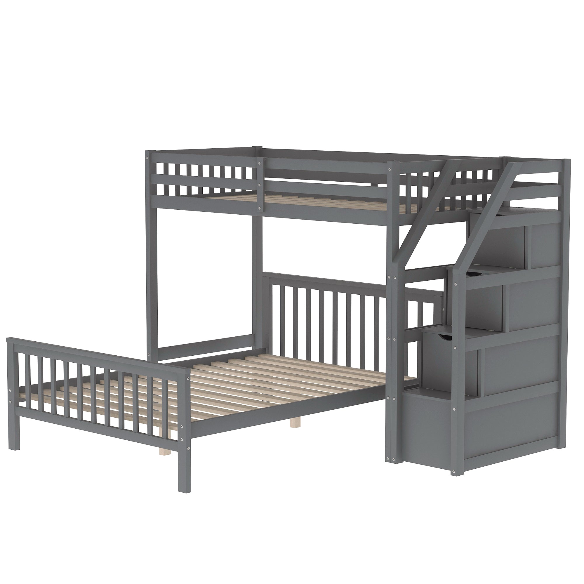 Gray Twin over Full Loft Bed with Staircase and Storage, Pine Wood and MDF, 97.2''L x 78.4''W x 61.4''H - Grand Goldman Shop
