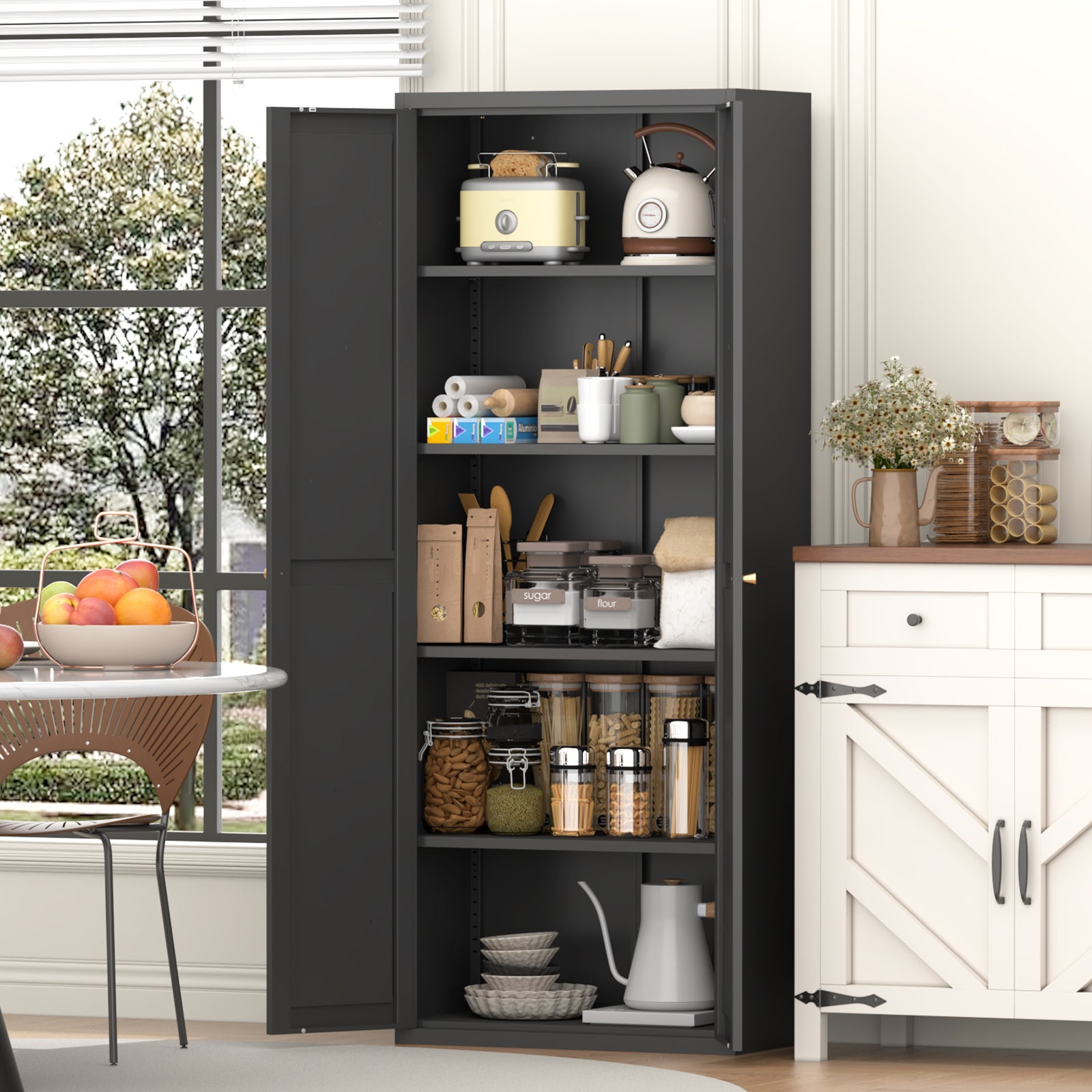 Black Metal Kitchen Pantry Cabinet with Adjustable Shelves and Gold Handles, Tall Steel Storage Locker for Kitchen, Living Ro