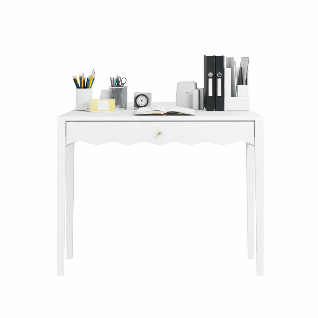 White 35.43' Vanity Desk with Drawer – Modern Makeup Table with Scalloped Front & Gold Knob, Compact Writing Desk with 4 Sturdy Legs for Bedroom, Small Home Office & Apartment Spaces - Grand Goldman Shop