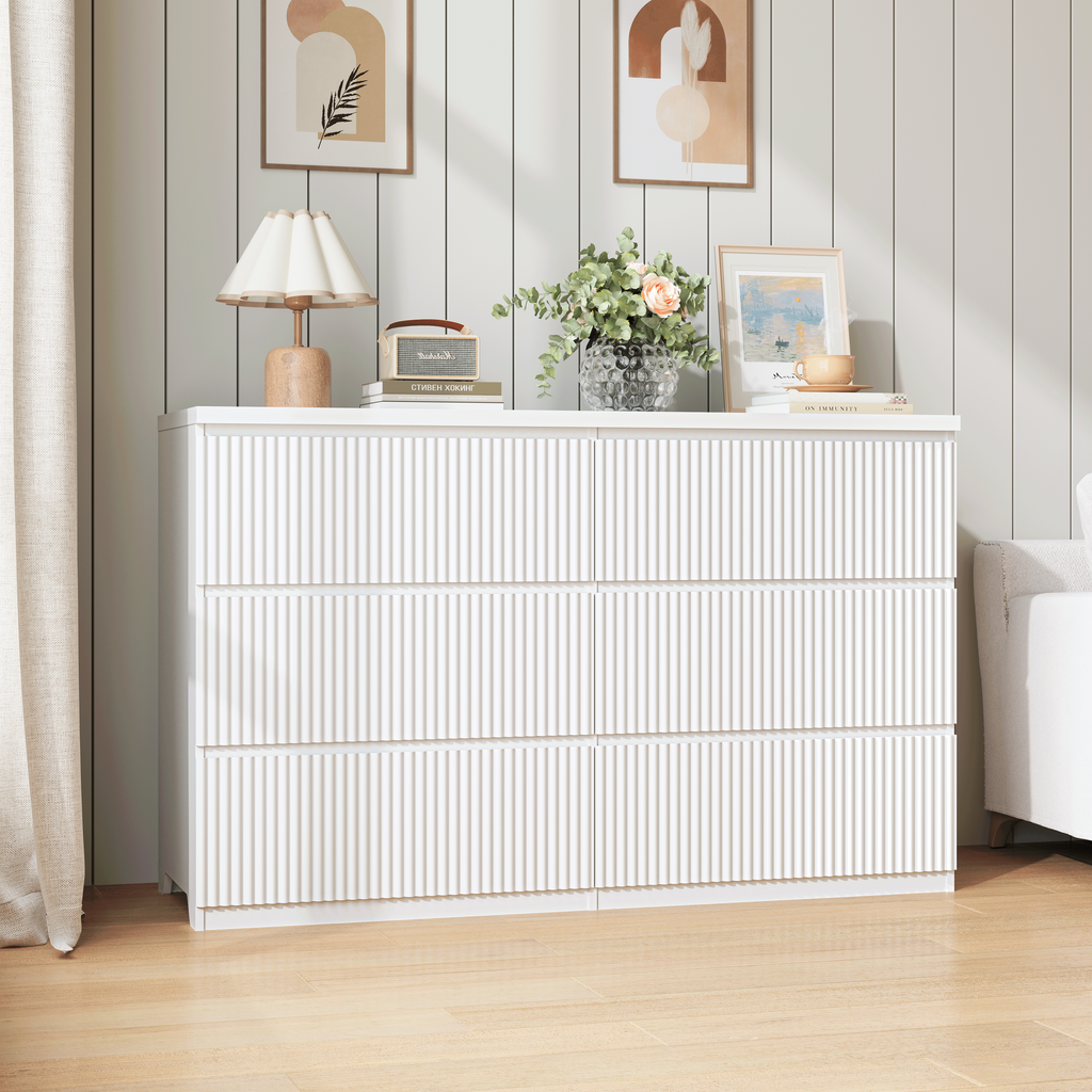 Modern White 6 Drawer Dresser, Wave Panel Drawer Fronts, Storage Cabinet, Versatile Chest of Drawers for Bedroom, Living Room - Sleek & Spacious Home Storage Solution - Grand Goldman Shop