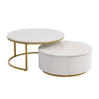 Modern Round Nesting Coffee Table Fluted with Drawer in White & Gold in 31.5'' - Grand Goldman Shop