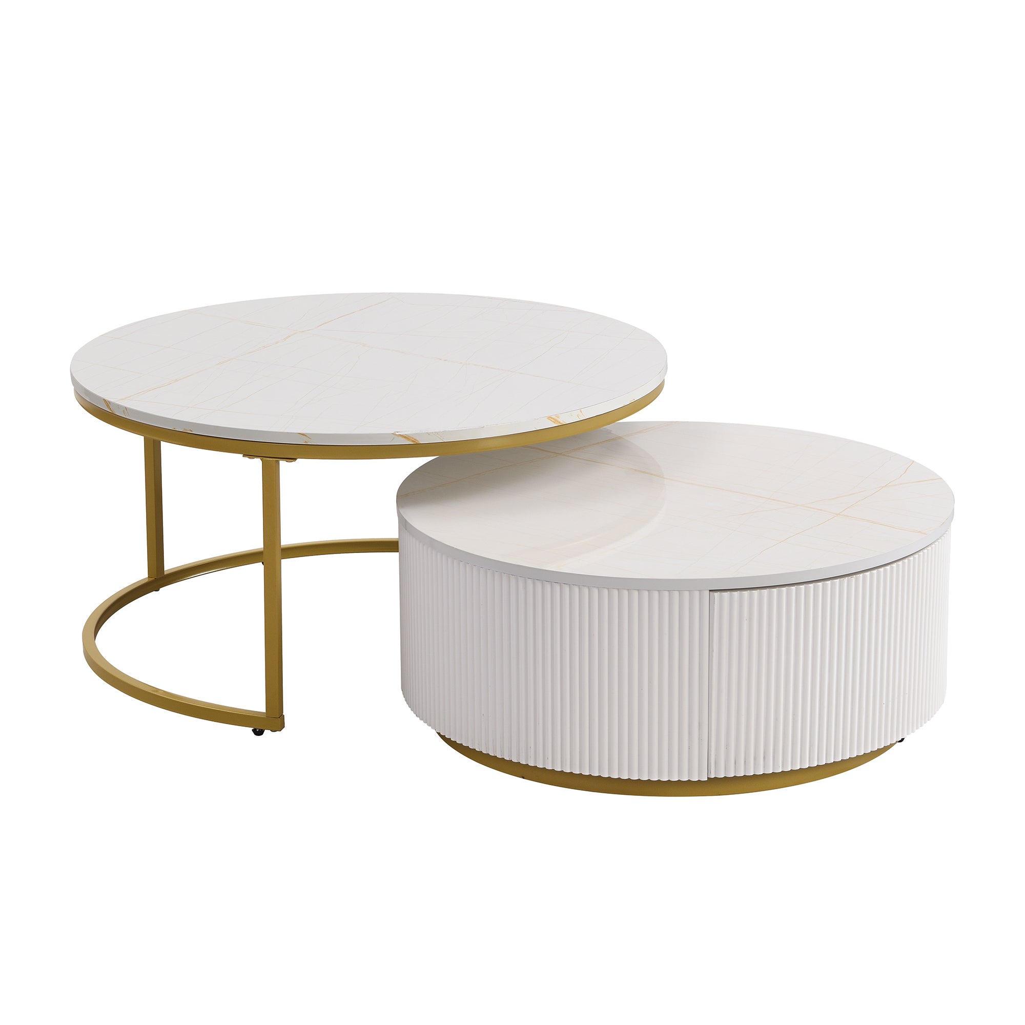 Modern Round Nesting Coffee Table Fluted with Drawer in White & Gold in 31.5'' - Grand Goldman Shop
