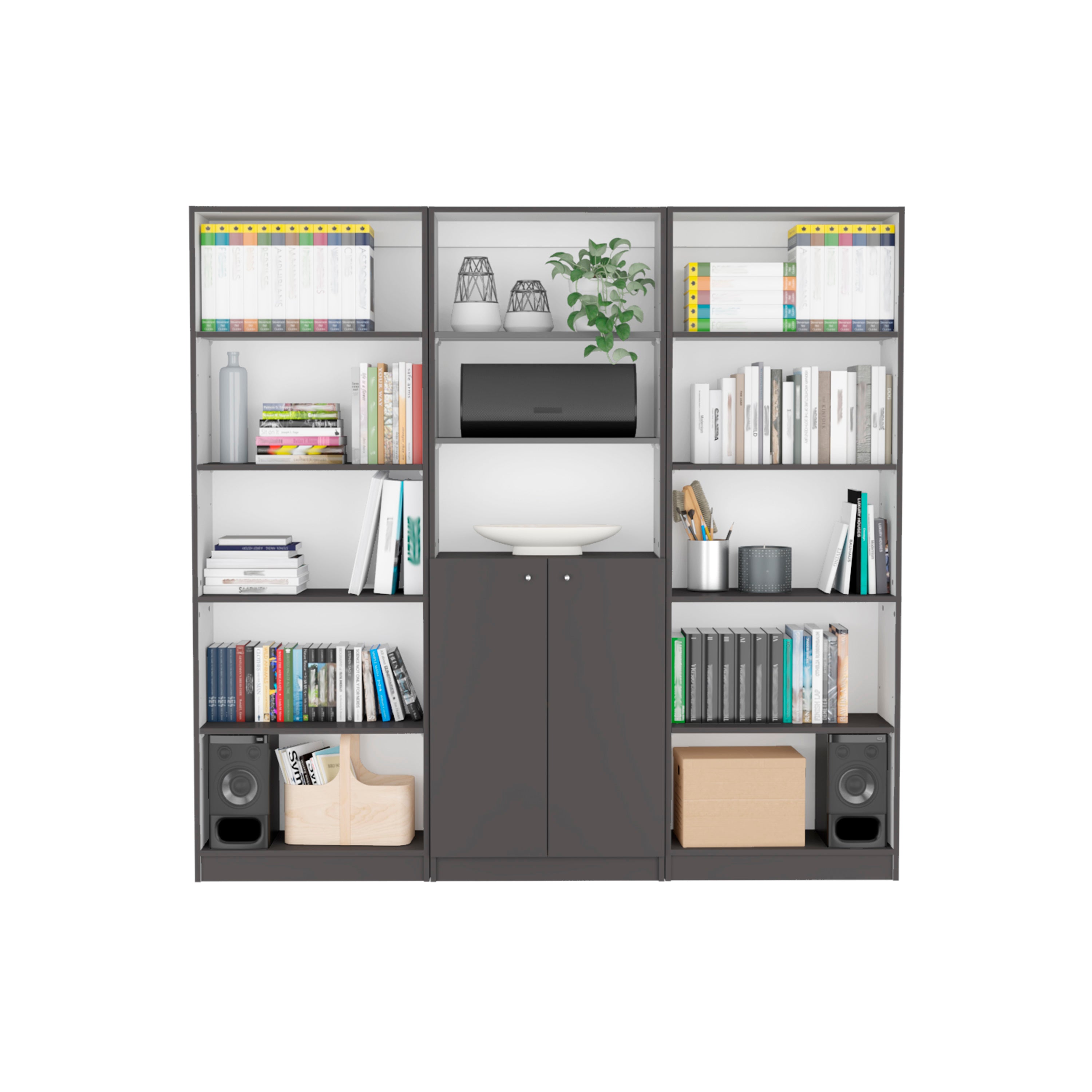 Lecanto 3 Piece Home Bookcase set, 74' Wide with 13 Shelves and 2-door Cabinet ,  Living Room Set  Matt Gray / White - Grand 