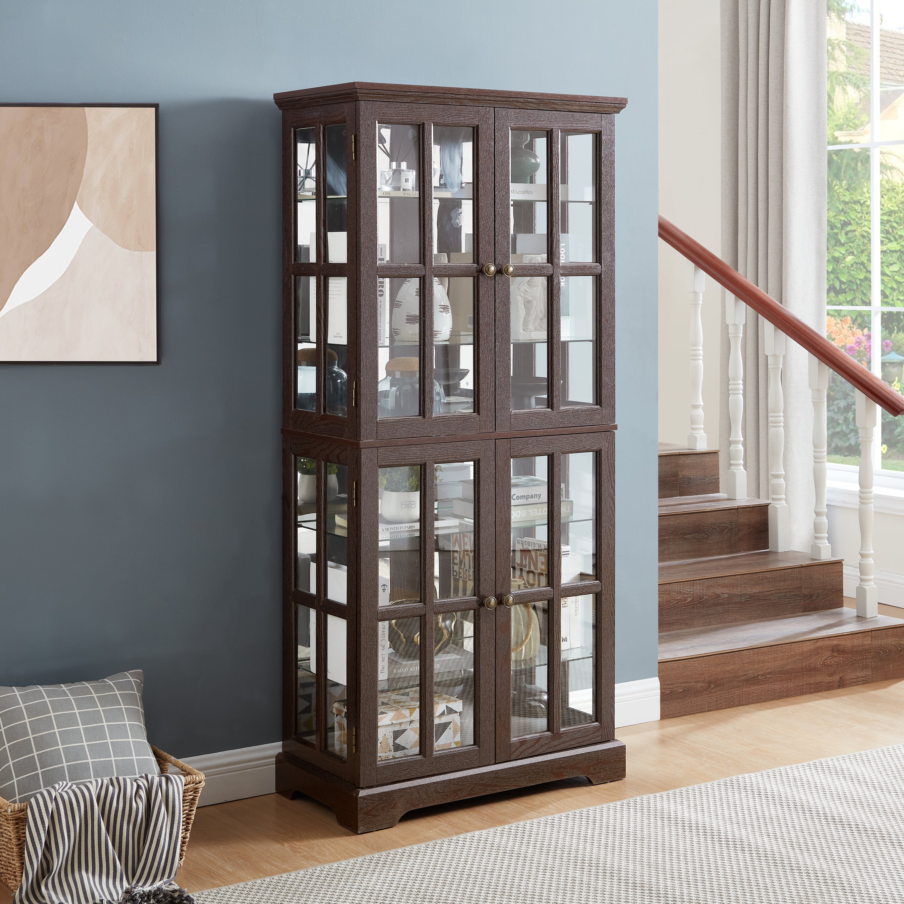 Curio Display Cabinet, Antique Display Cabinet with Glass Doors Adjustable Shelves for Collectibles Four Door Design Vintage Showcase for Home or Office Antique Display Case E26 Bulb Included CHE - Grand Goldman Shop