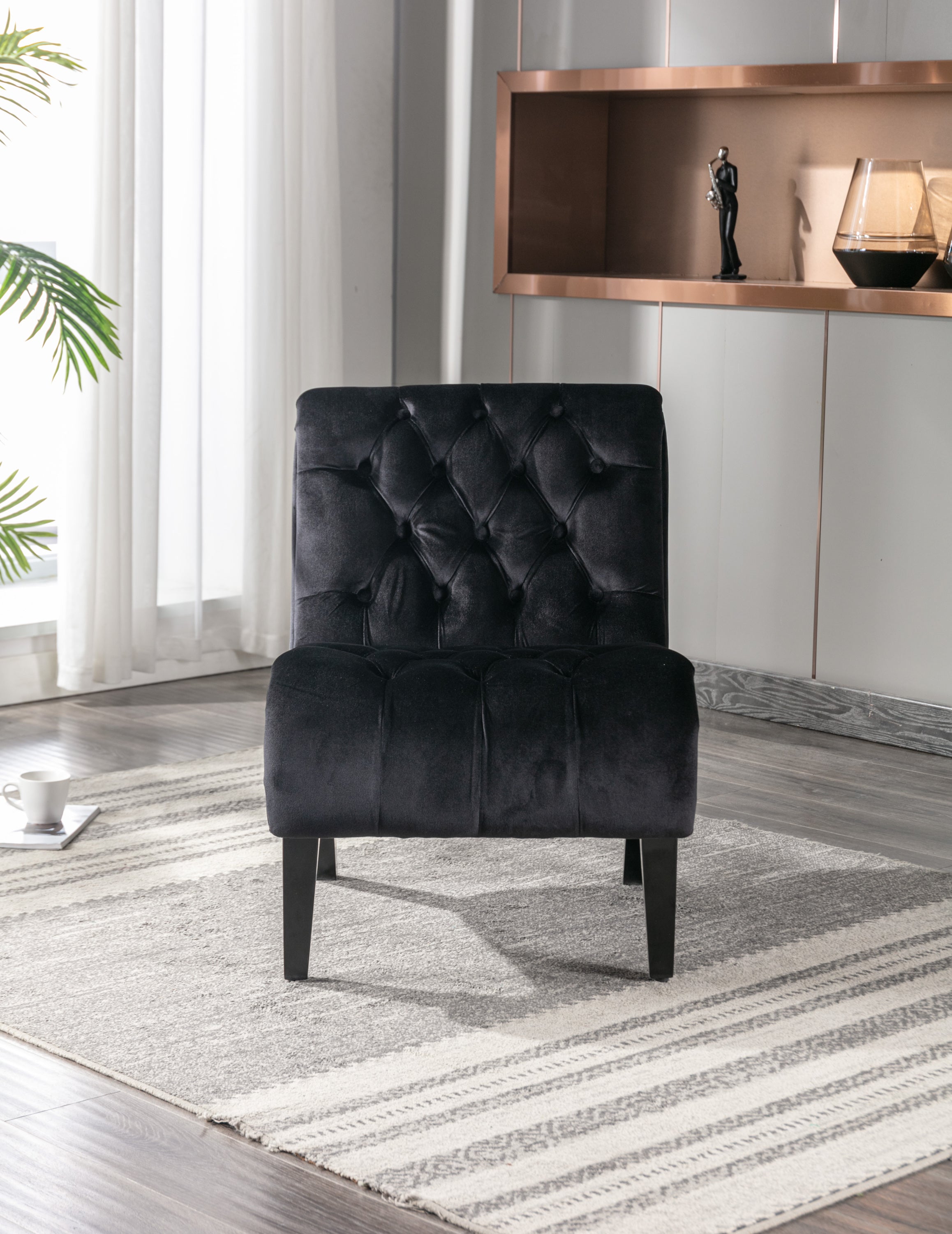 COOLMORE Modern Velvet Armless Accent Living Room Chair / Leisure Chair,Upholstered Fabric Button Comfortable Chair with Wooden Legs for Bedroom, Living Room, Office (Black Velvet) - Grand Goldman Shop