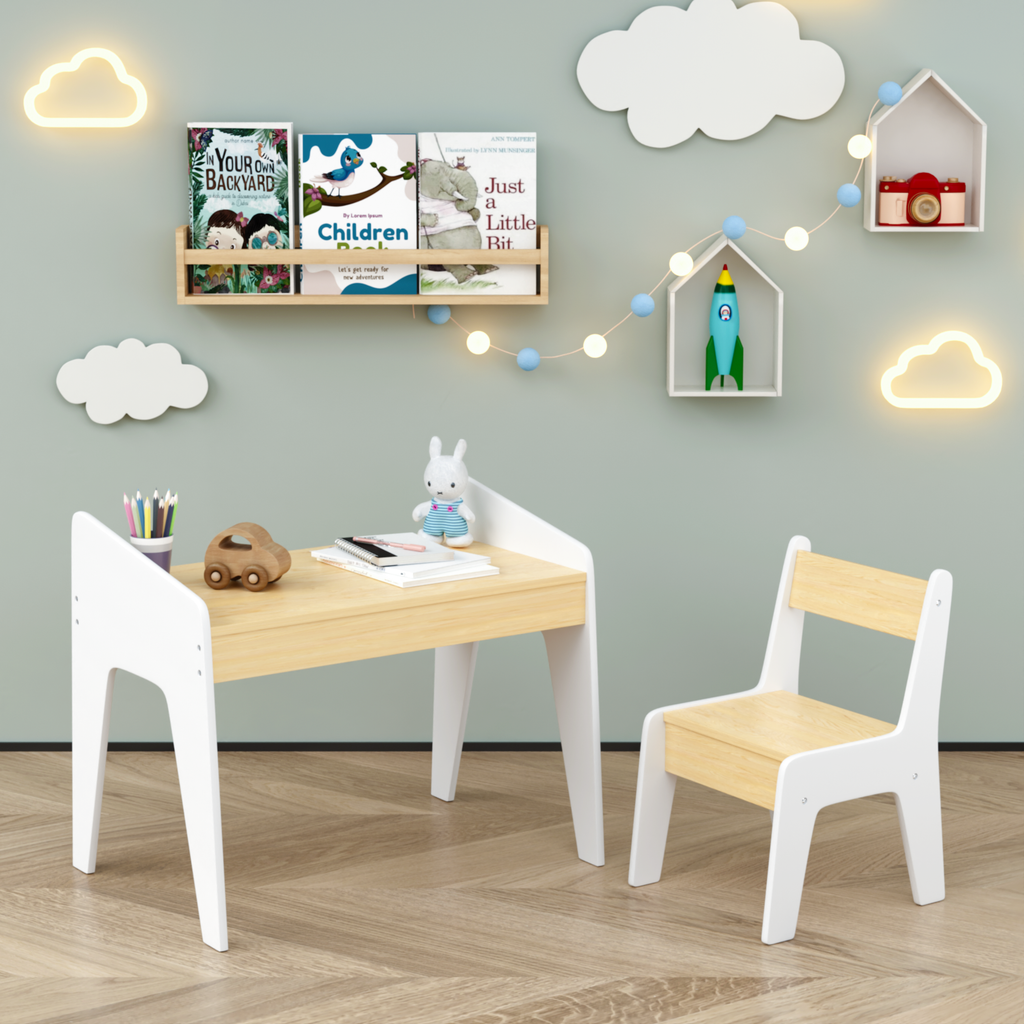 Kids Table Set with One Chair, Wooden Children Study Table, 2-8  Age Kids Funiture , White+Natural - Grand Goldman