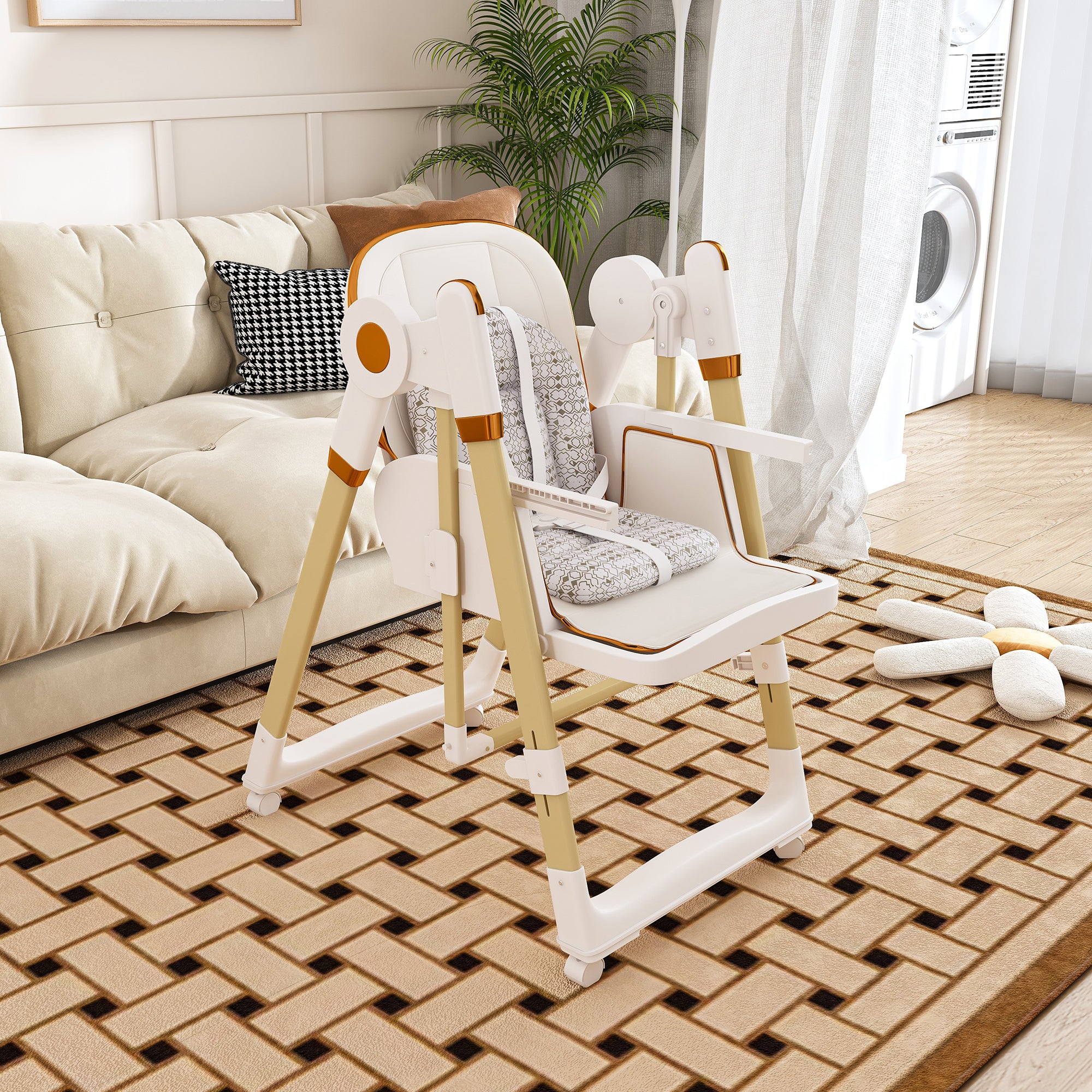 Convertible Baby High Chair to Rocker with 5-Point Harness, Foldable Infant Feeding Chair in White with Removable 2-Tier Easy