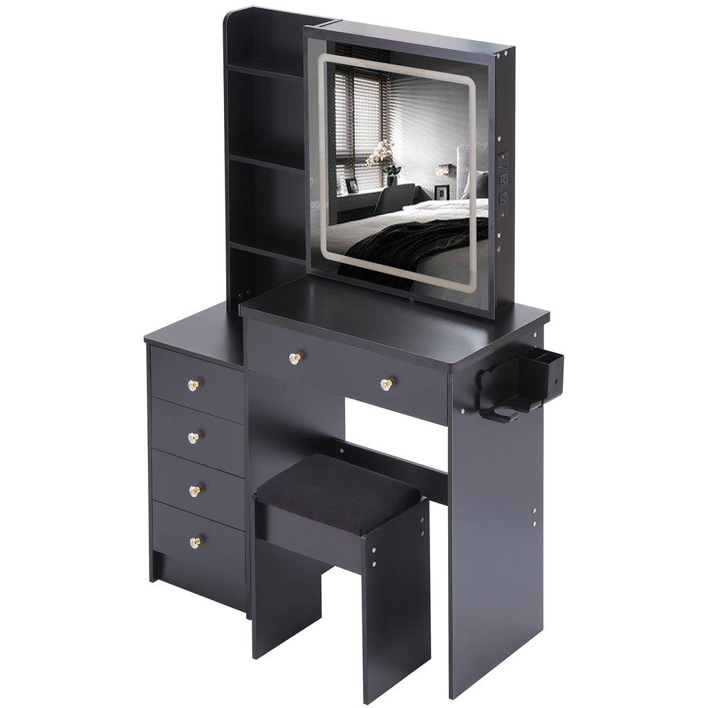 37' Middle Size Left Bedside Cabinet Vanity Table + Cushioned Stool Dresser Set, 2 AC+2 USB Socket, Hair Dryer Stand, Large Touch Control LED Sliding Mirror, 3-color Switch, EPA, GCC, UL Certificate - Grand Goldman Shop