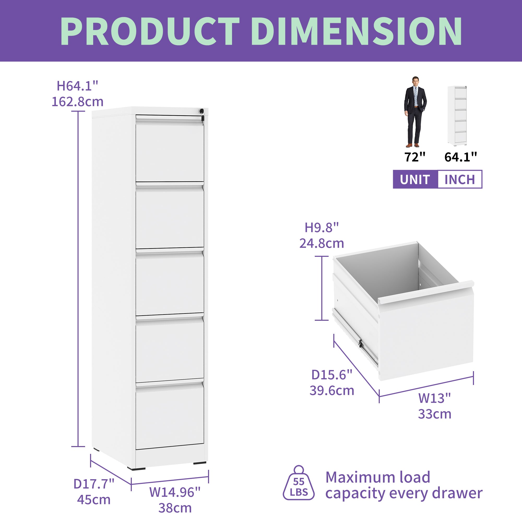 SteelCraft Pro 5 Drawer Metal Vertical File Cabinet with Lock in White for A4 Legal/Letter Size | Premium Home Decor - Grand 