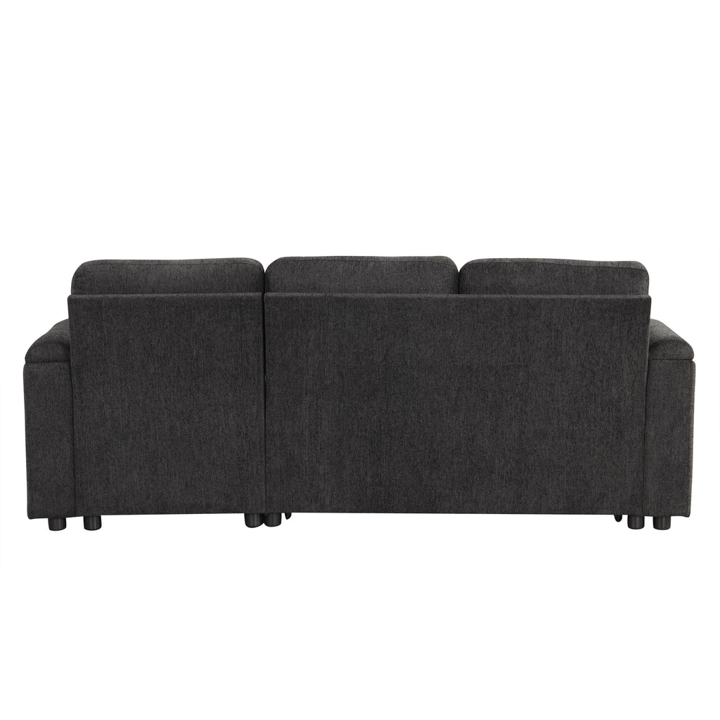 Black Convertible L-shaped Sofa Couch with Storage, Cup Holders, USB Ports, Chenille Fabric, 83.5' - Grand Goldman Shop