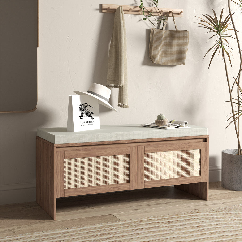 Mid-Century Modern PP Rattan Storage Bench with Cushion, Faux Rattan Shoe Cabinet with 2 Doors, Natural Finish, Wood and Rattan Construction, 39.4 x 15.75 x 17.72 inches - Grand Goldman Shop