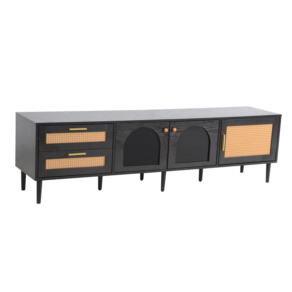 Black Rattan-inspired TV Stand with 3 Cabinets & 2 Drawers, MDF and Solid Wood Media Console for TVs up to 80'', Modern Living Room Entertainment Center - Grand Goldman Shop