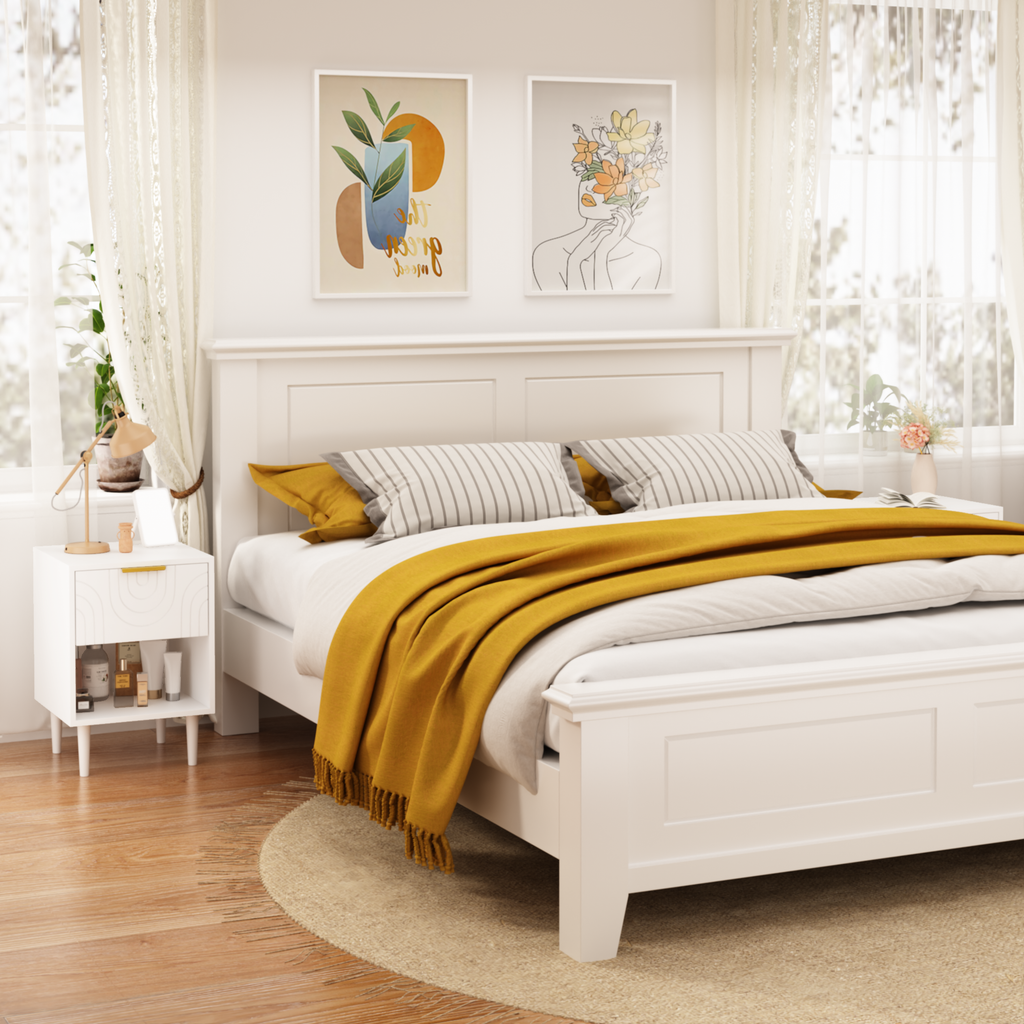 Modern White Nightstand with One Drawer and Open Shelf, Gold-Accented Handle, 22.83'' H, MDF, White - Grand Goldman Shop