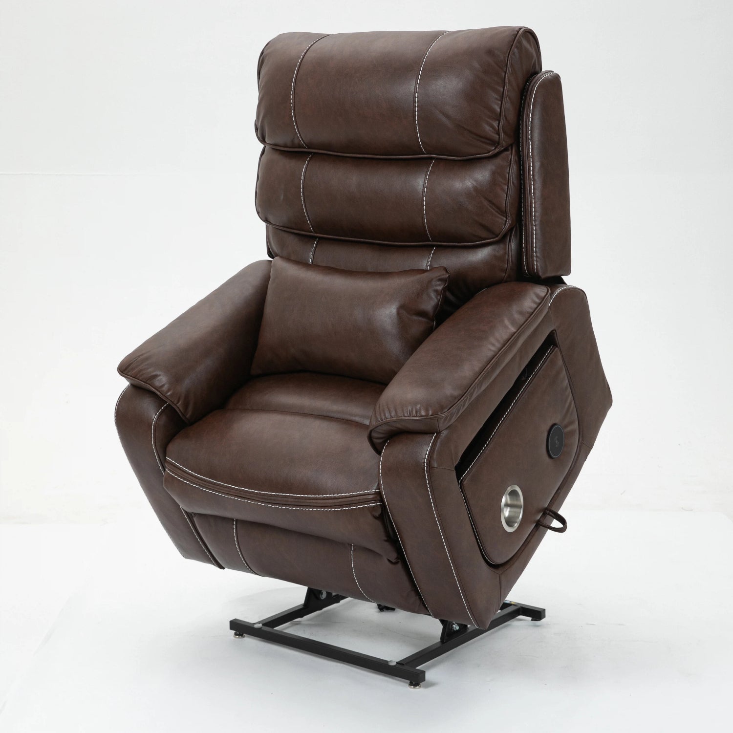 Premium Brown Technical Leather 180-Degree Lay Flat Recliner Chair with Wireless Charging, Lumbar Support, and Dual Motor Lift for Big & Tall Comfort - Grand Goldman Shop