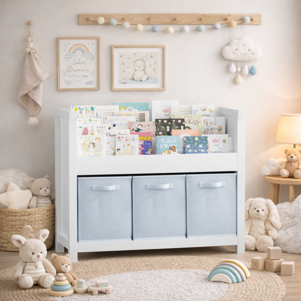 Kids Bookshelf with 3 Tier Front-Facing Storage and 3 Fabric Bins, Wooden Toddler Bookcase for Playroom, Nursery, Bedroom – K