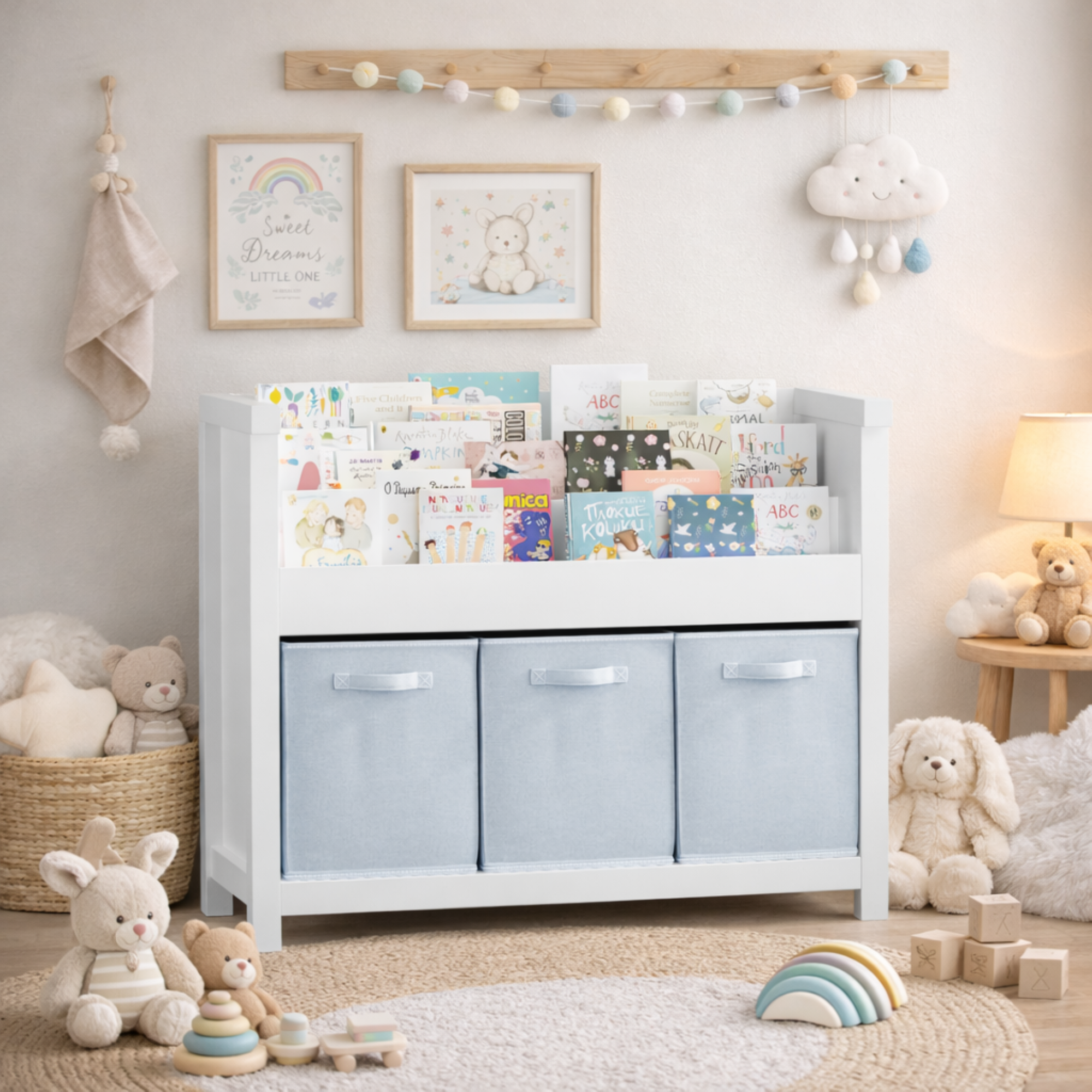 Kids Bookshelf with 3 Tier Front-Facing Storage and 3 Fabric Bins, Wooden Toddler Bookcase for Playroom, Nursery, Bedroom – K
