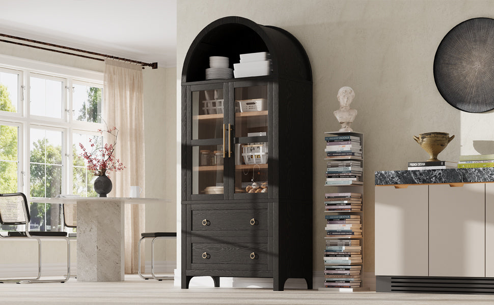 K&K 71' Tall Arched Kitchen Pantry Cabinet with 2 Large Drawers, Modern Farmhouse Kitchen Storage Cabinets with Adjustable Shelves, Glass Door, Wood Versatile Cupboard for Kitchens, Dining Room, Black - Grand Goldman Shop