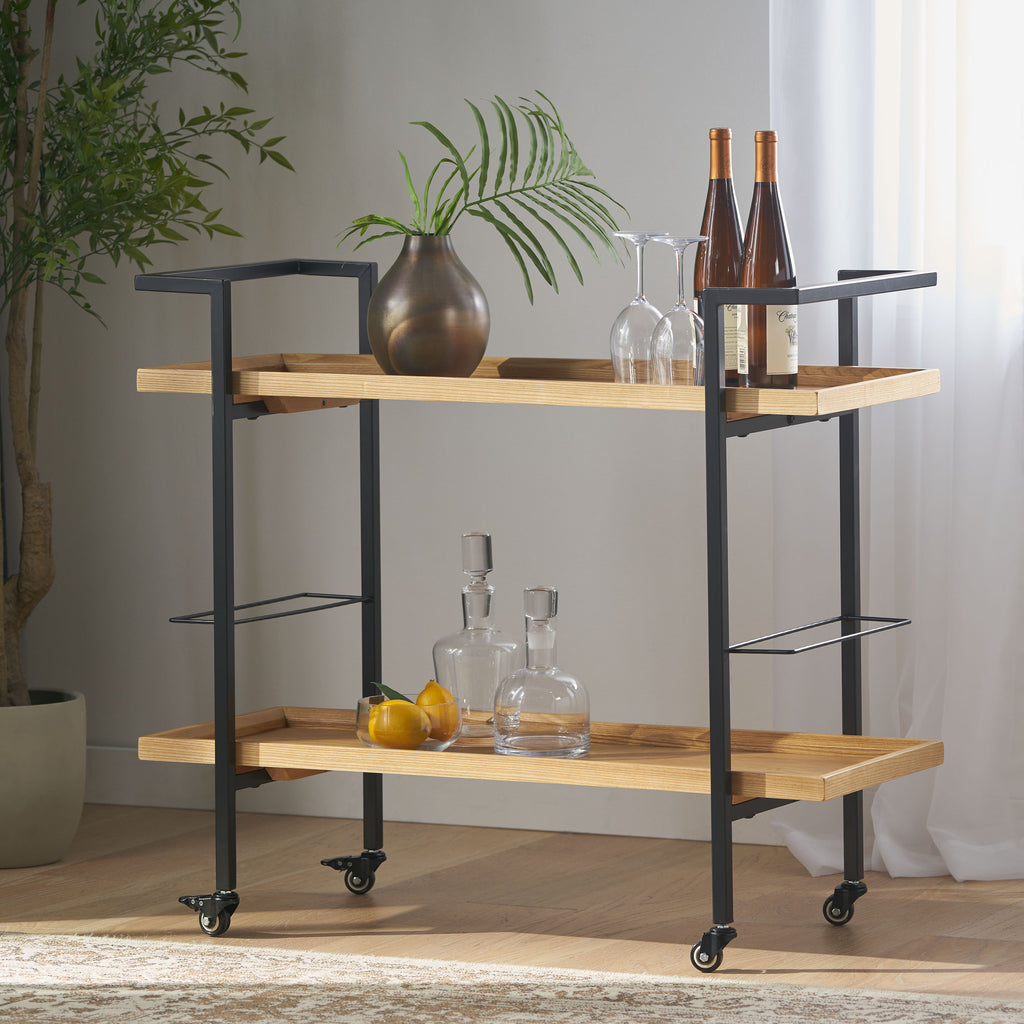 Modern Industrial Bar Cart with Shelving and Casters in Natural Wood and Metal, 38 x 16.1 x 33 inches - Grand Goldman Shop