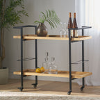 Modern Industrial Bar Cart with Shelving and Casters in Natural Wood and Metal, 38 x 16.1 x 33 inches - Grand Goldman Shop