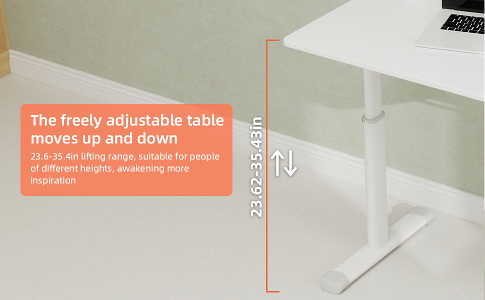Adjustable Study Desk for Kids and Adults, Height-Adjustable Home Office Desk, White Frame with White Wood Tabletop, 60cm x 1