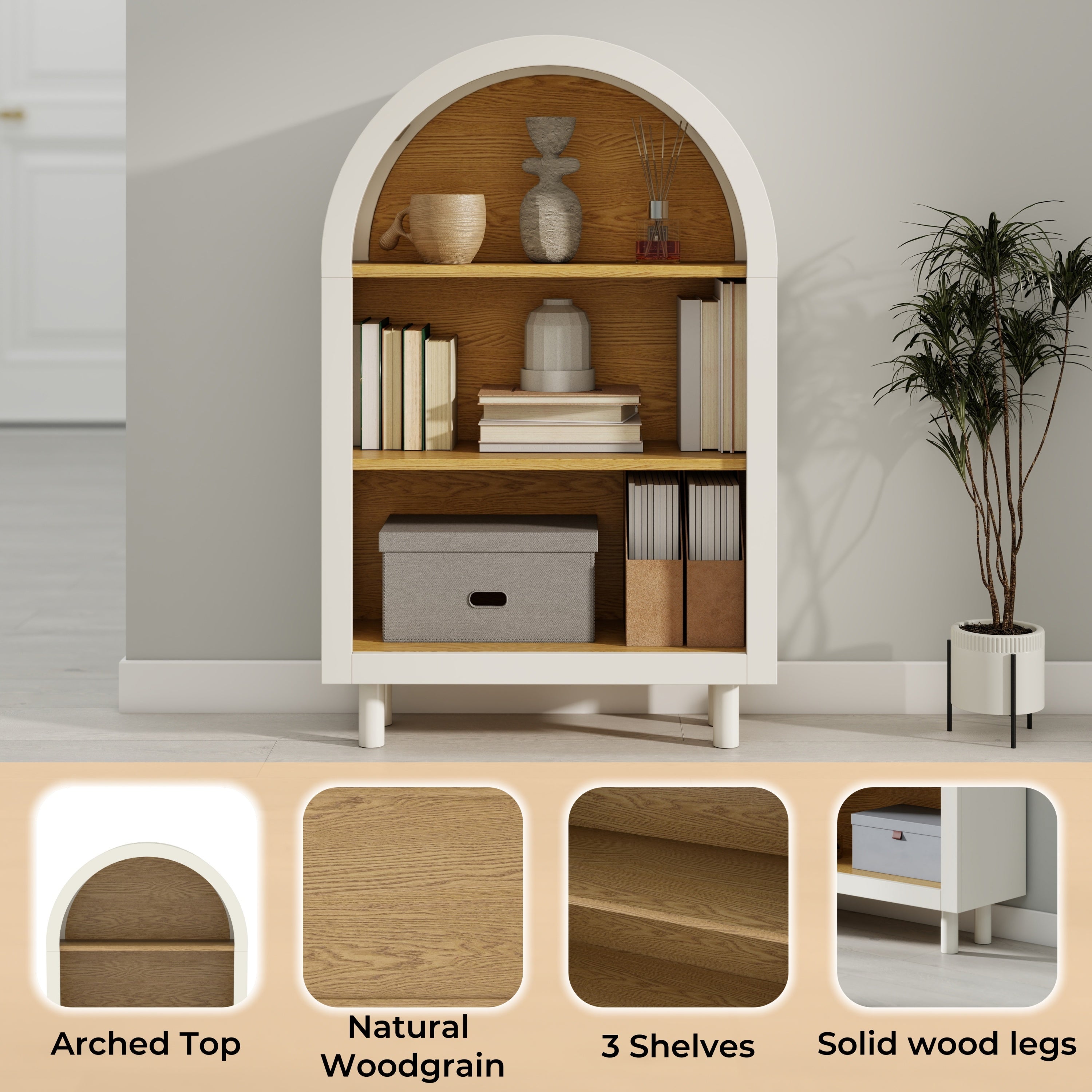 Arched Small Bookcase,Arched Storage Cabinet,Wooden Modern Arched Top Bookshelf with 3 Shelves,White with Woodgrain Shelves, 3-Tier Storage Shelf for Living Room, Bedroom, Entryway - Grand Goldman Shop