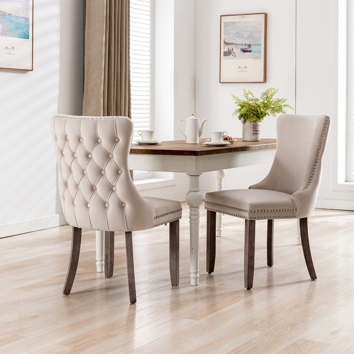 A&A Furniture,Upholstered Wing-Back Dining Chair with Backstitching Nailhead Trim and Solid Wood Legs,Set of 2, Beige,SW8809BG,KD - Grand Goldman Shop