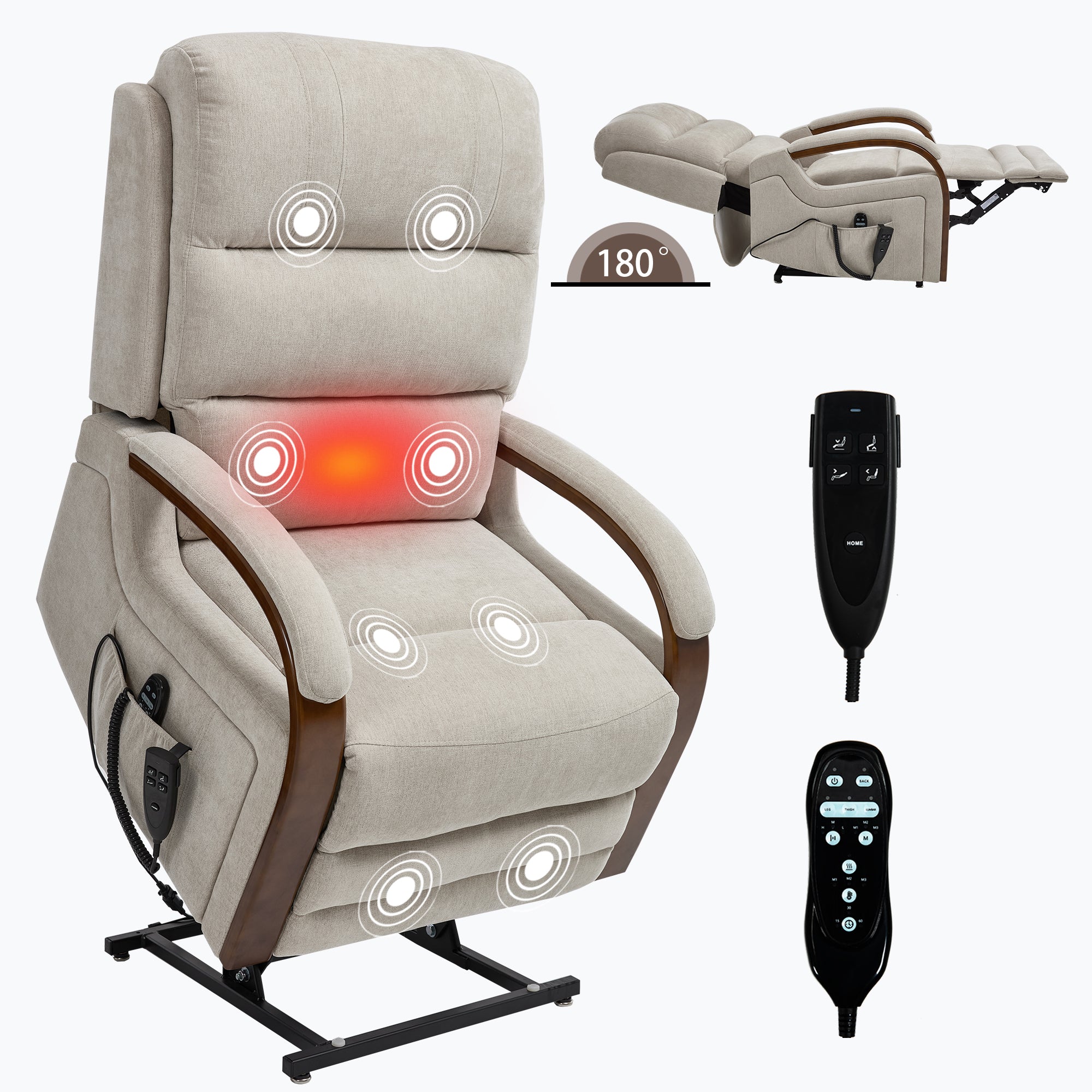 Power Beige Chenille Lift Recliner Chair Dual Motor Infinite Position Up to 350 LBS with Solid Wood Armrests, Heat Massage and Heavy Duty Motion Mechanism - Grand Goldman Shop