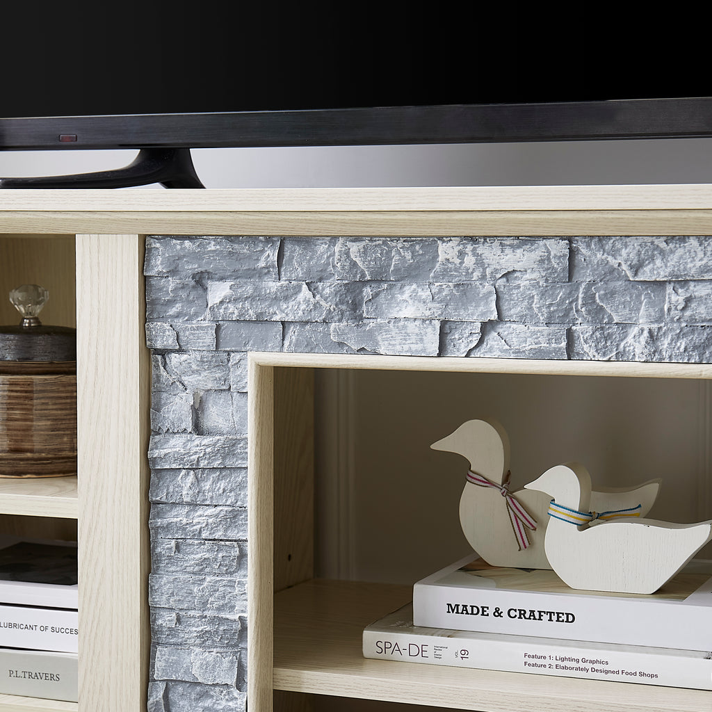 Mantel Stone TV Media Stand with with Faux Stacked Stone Surround, Modern Entertainment Console with Open Storage Space,WHITE, 58.31'W*15.39'D*26.06'H - Grand Goldman Shop