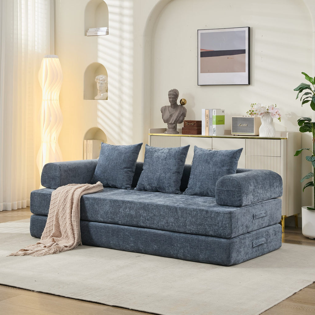 Comfy Convertible Folding Mattress Couch, Floor Sofa Bed, Chenille Floor Sofa with Armrest, Floor Sofa Lounge Couch for Living Room Bedroom Lounge Studio-Blue - Grand Goldman Shop