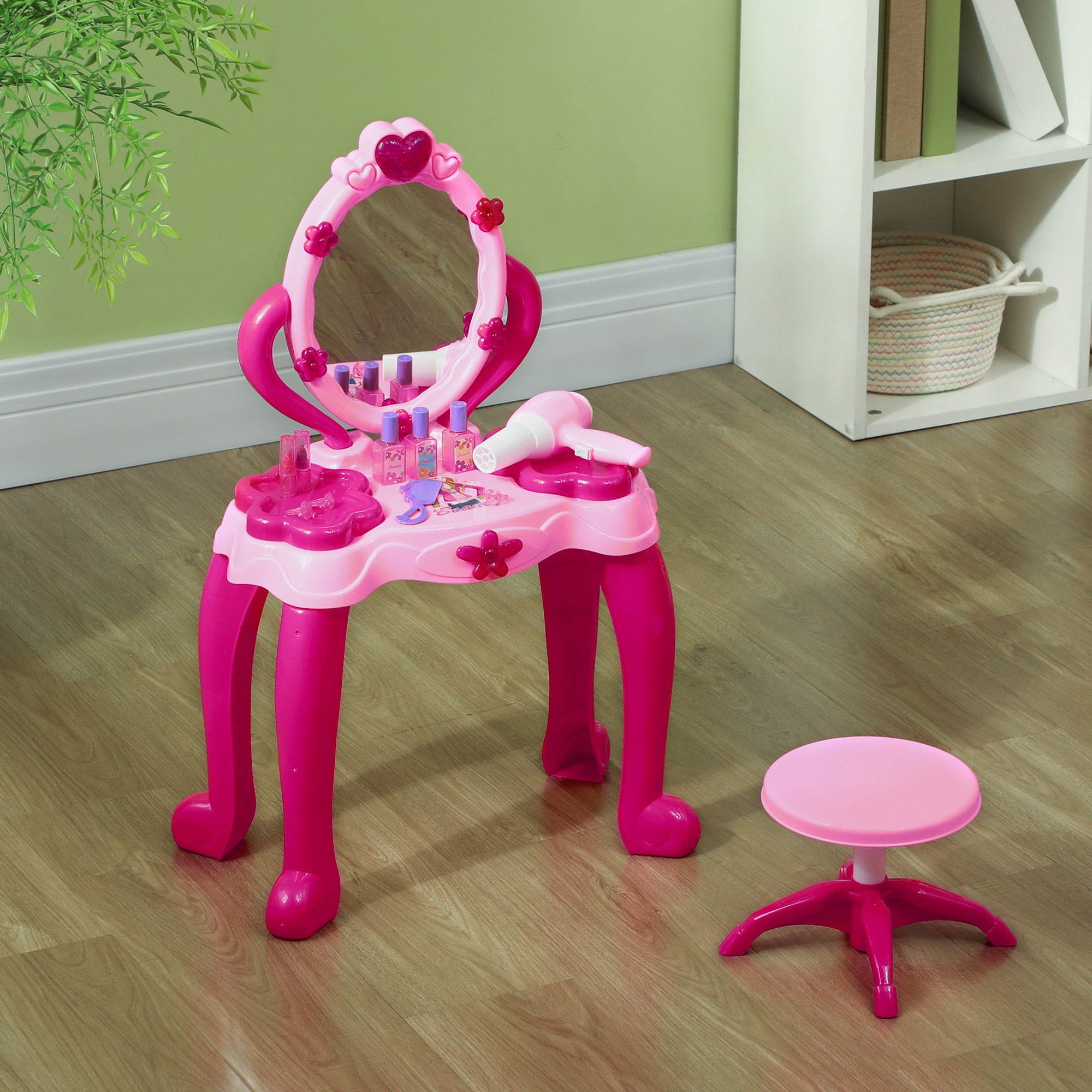 Qaba Kids Vanity Set with Mirror and Stool, Girls Makeup Table with Light and Sound, 15 Accessories, Pretend Play Set with Ha