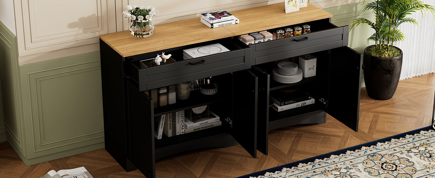 ON-TREND Farmhouse TV Stand with 2 Drawers for TVs Up to 70', Versatile Wood Grain Sideboard with Adjustable Shelves, Mid-Century Buffet Cabinet with Rustic Handles for Living Room/Bedroom, Black - Grand Goldman Shop