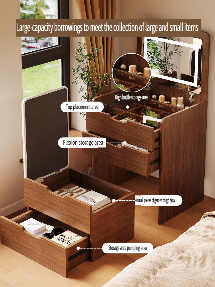 (48cm)(Walnut) 3 in 1 Vanity Desk with Plip Top Mirror,Small Make Up Vanity Set with Visible Glass Desktop, Compact Makeup Vanity with 3 Drawers, Dressing Table - Grand Goldman Shop